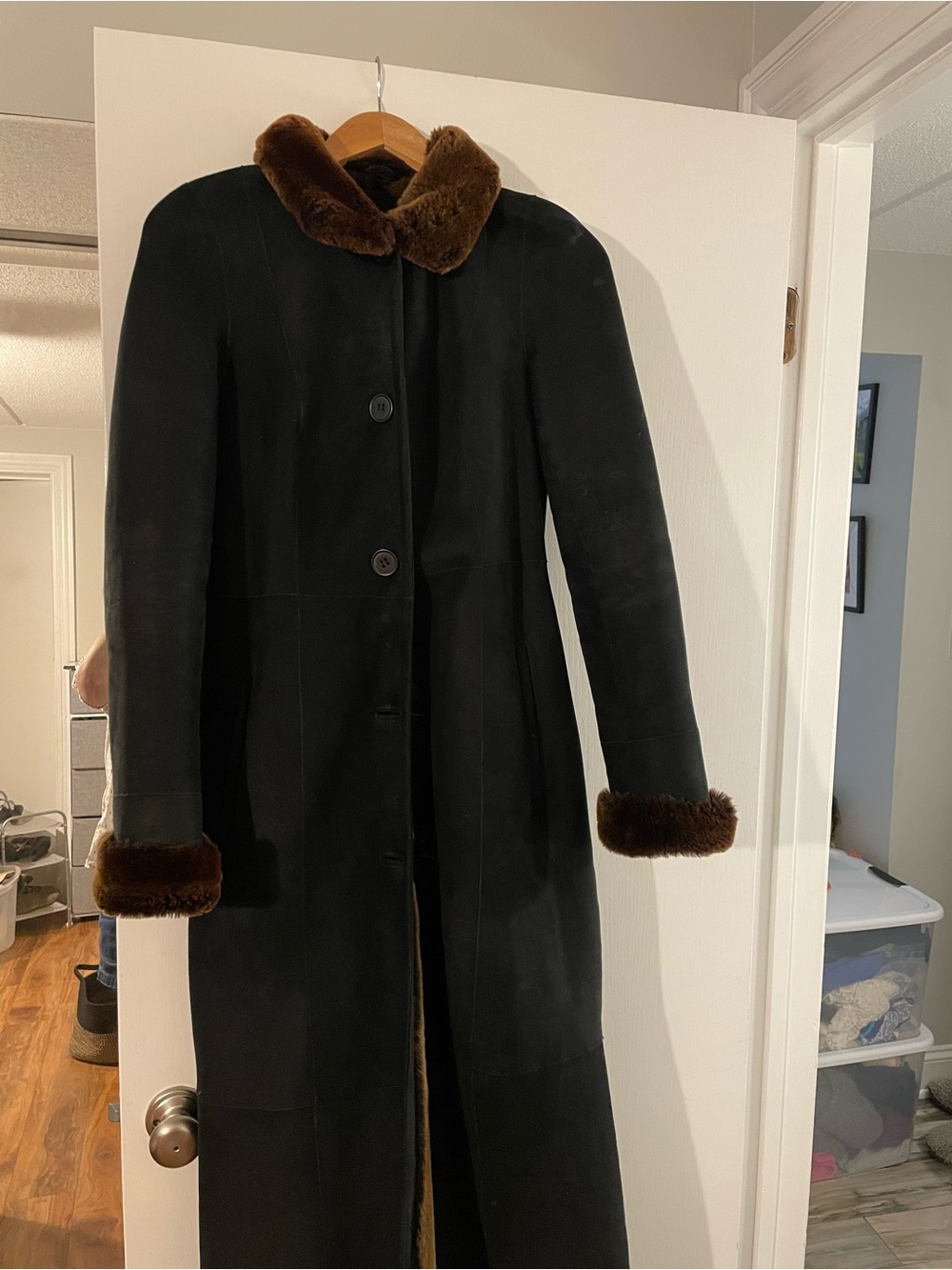 Women’s Long Black Shearling Coat with Brown Fur Trim - Overland Sheepskin Coat